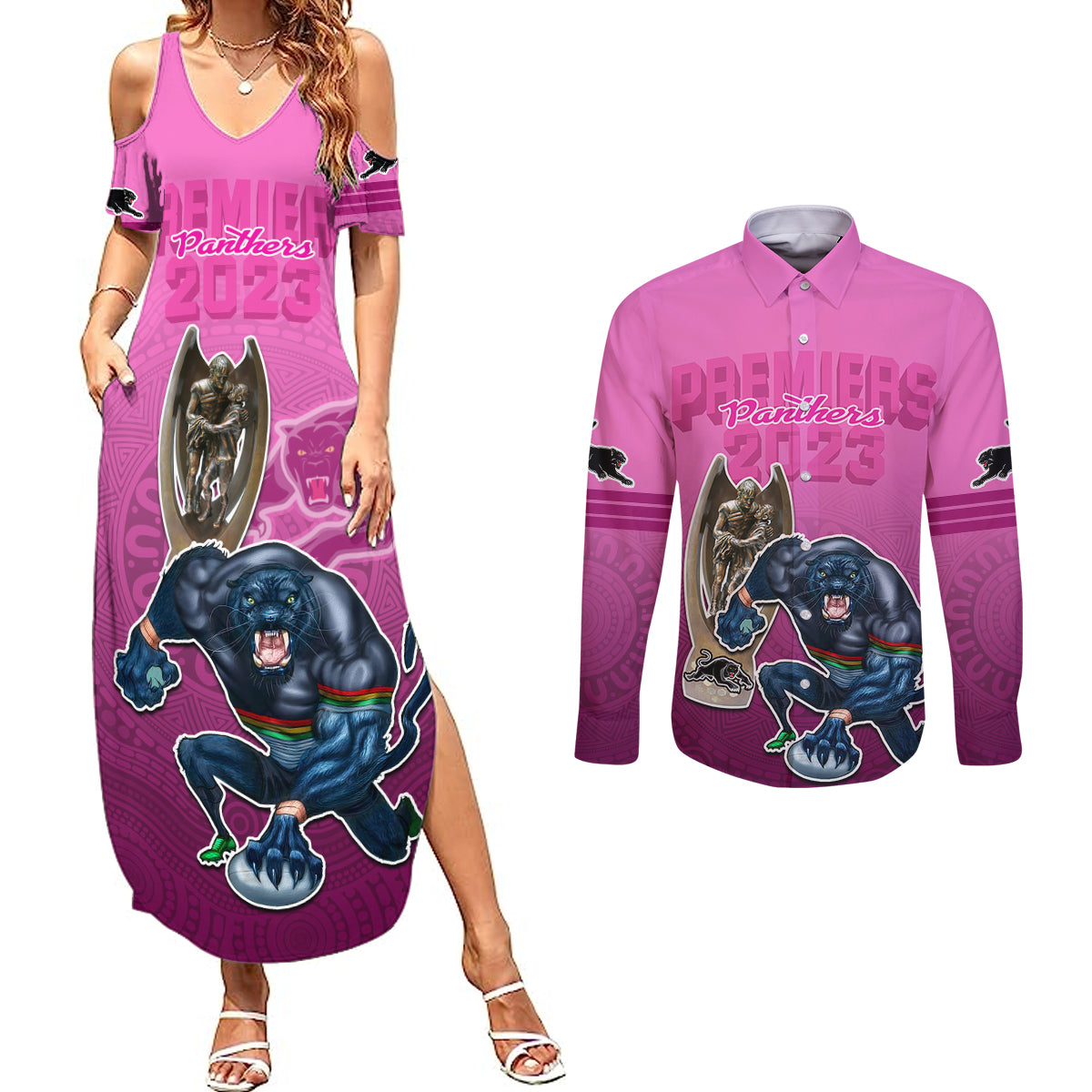 panthers-premier-2024-couples-matching-summer-maxi-dress-and-long-sleeve-button-shirts-mascot-with-nrl-trophy-pink-version
