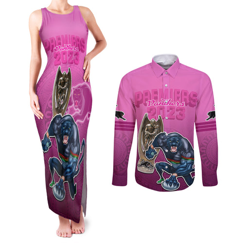 panthers-premier-2024-couples-matching-tank-maxi-dress-and-long-sleeve-button-shirts-mascot-with-nrl-trophy-pink-version