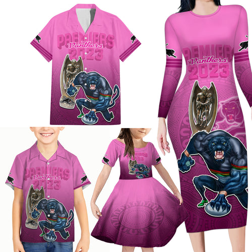 panthers-premier-2024-family-matching-long-sleeve-bodycon-dress-and-hawaiian-shirt-mascot-with-nrl-trophy-pink-version