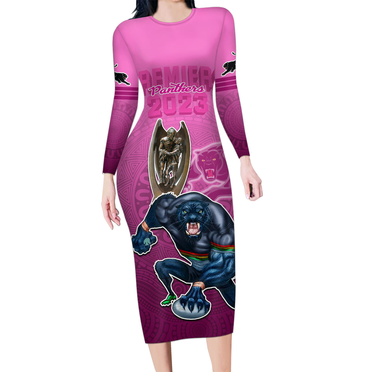 panthers-premier-2024-family-matching-long-sleeve-bodycon-dress-and-hawaiian-shirt-mascot-with-nrl-trophy-pink-version