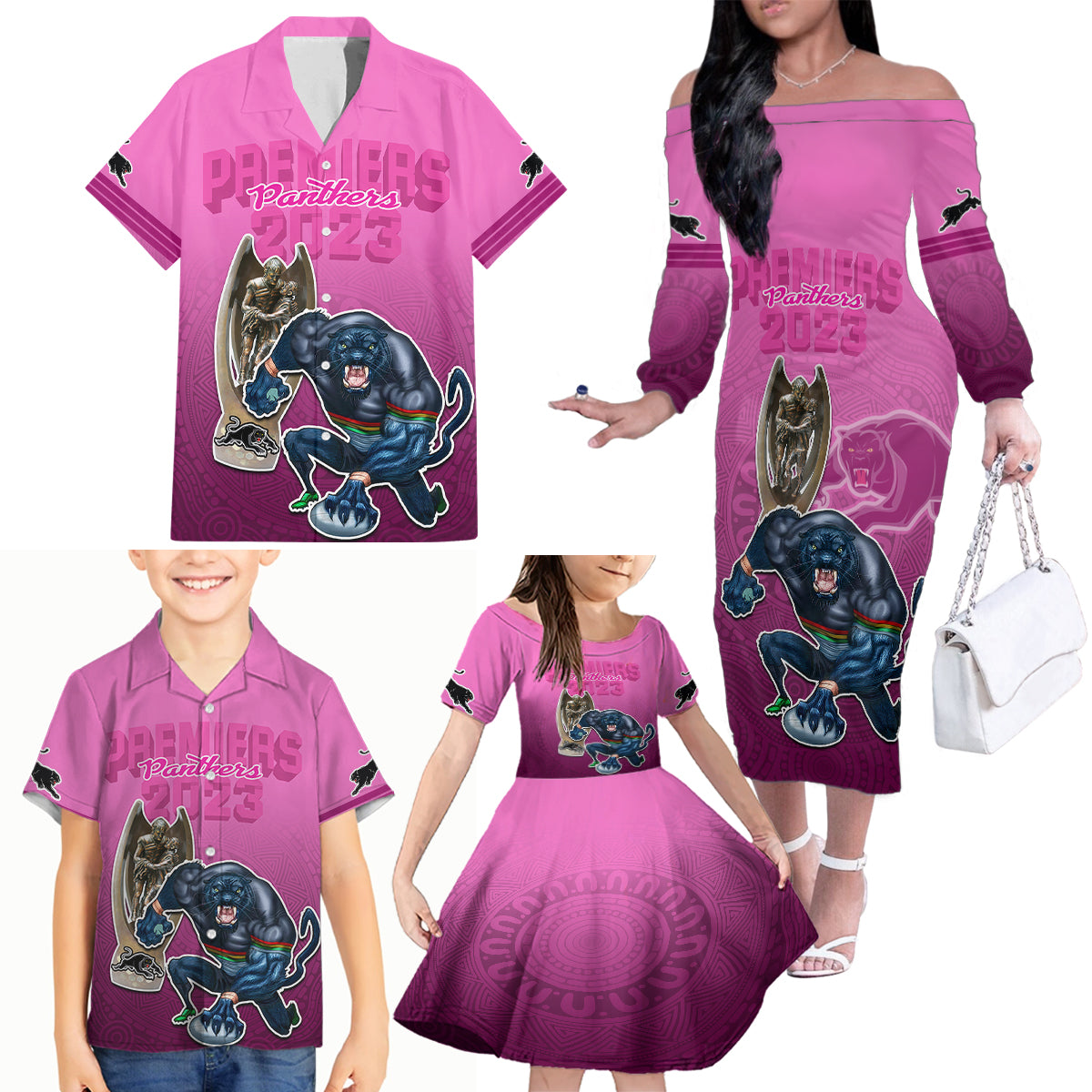 panthers-premier-2024-family-matching-off-shoulder-long-sleeve-dress-and-hawaiian-shirt-mascot-with-nrl-trophy-pink-version