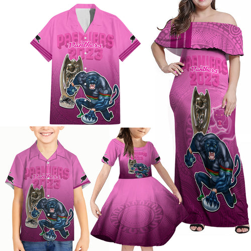 panthers-premier-2024-family-matching-off-shoulder-maxi-dress-and-hawaiian-shirt-mascot-with-nrl-trophy-pink-version