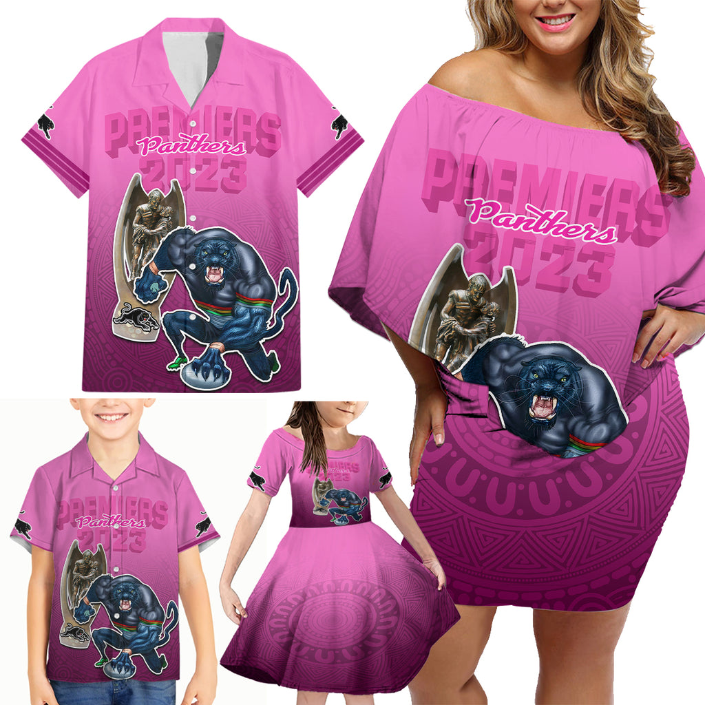 panthers-premier-2024-family-matching-off-shoulder-short-dress-and-hawaiian-shirt-mascot-with-nrl-trophy-pink-version