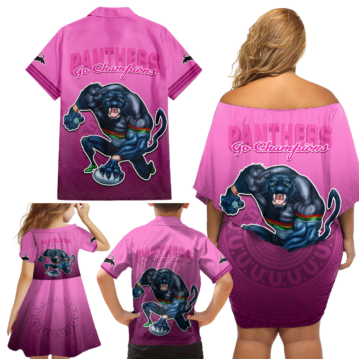 panthers-premier-2024-family-matching-off-shoulder-short-dress-and-hawaiian-shirt-mascot-with-nrl-trophy-pink-version