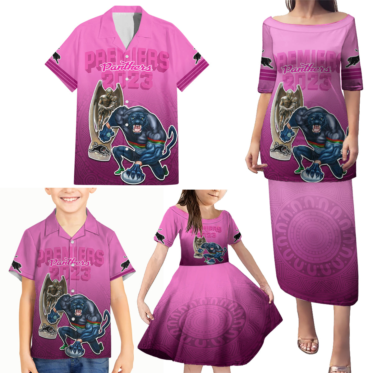 panthers-premier-2024-family-matching-puletasi-dress-and-hawaiian-shirt-mascot-with-nrl-trophy-pink-version
