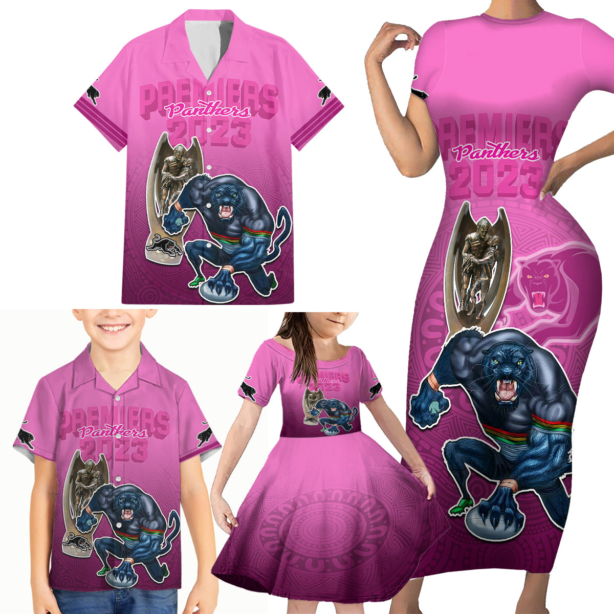 panthers-premier-2024-family-matching-short-sleeve-bodycon-dress-and-hawaiian-shirt-mascot-with-nrl-trophy-pink-version