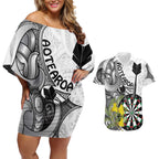 Personalised New Zealand Darts Couples Matching Off Shoulder Short Dress and Hawaiian Shirt Kowhai Floral with Maori Tattoo