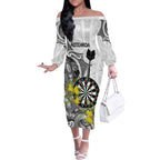 Personalised New Zealand Darts Off The Shoulder Long Sleeve Dress Kowhai Floral with Maori Tattoo