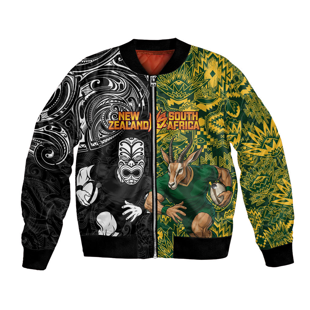 Custom New Zealand vs South Africa Bomber Jacket Rugby Rivalry Two Nations One Battle