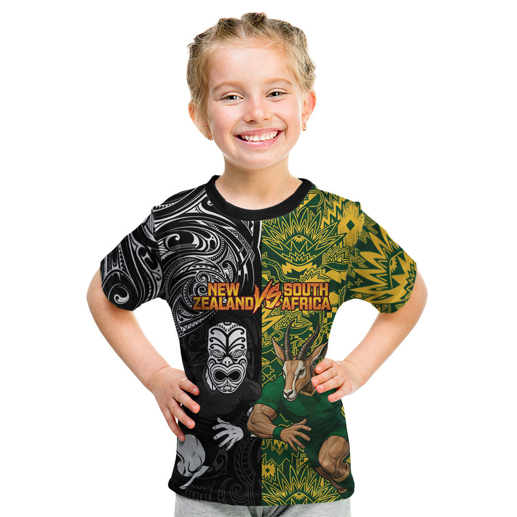 Custom New Zealand vs South Africa Kid T Shirt Rugby Rivalry Two Nations One Battle