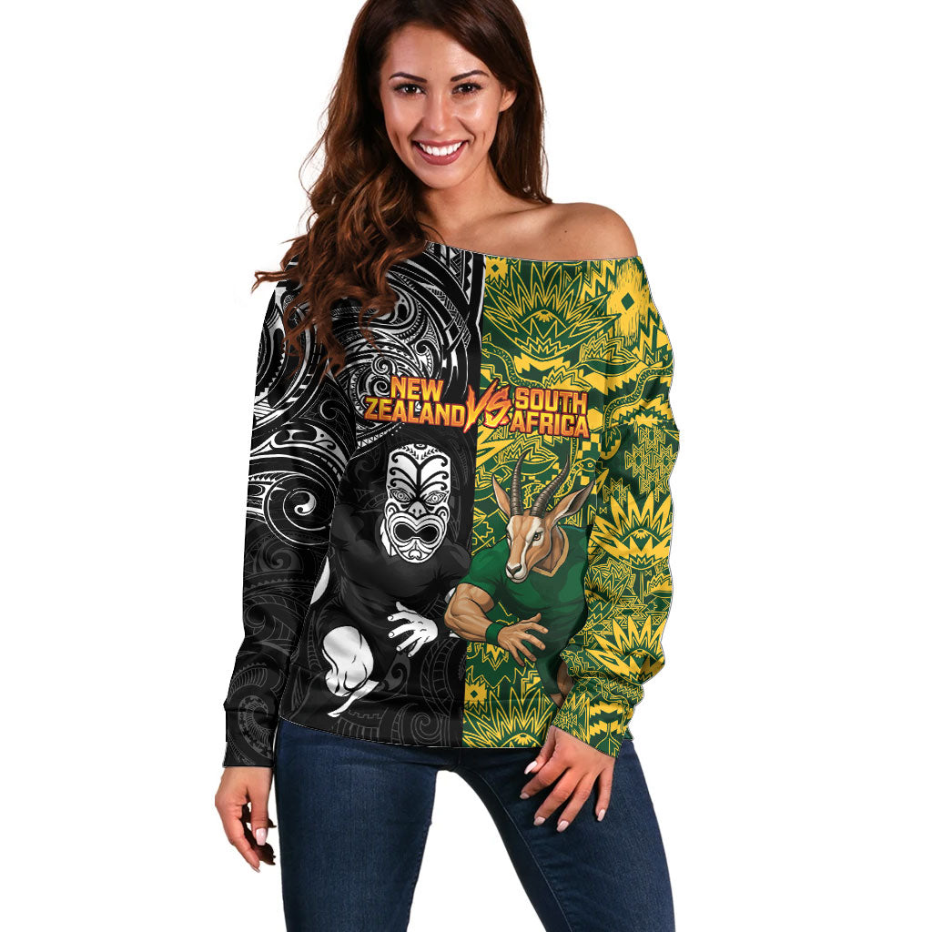 Custom New Zealand vs South Africa Off Shoulder Sweater Rugby Rivalry Two Nations One Battle