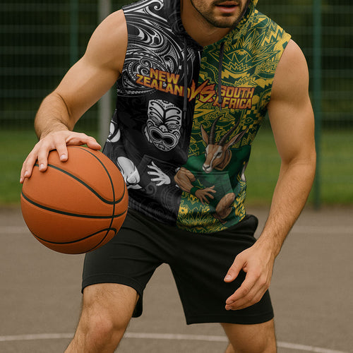 Custom New Zealand vs South Africa Sleeveless Hoodie Rugby Rivalry Two Nations One Battle