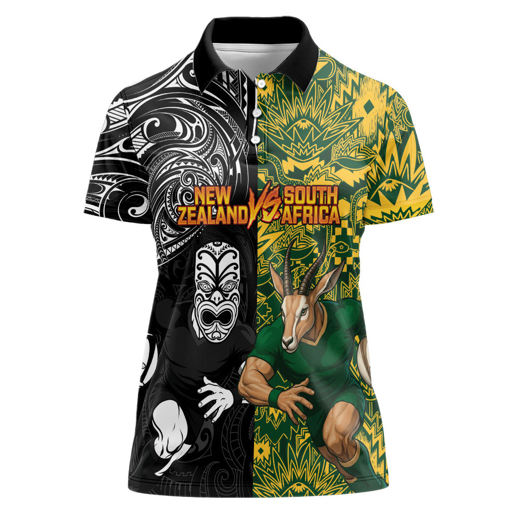 Custom New Zealand vs South Africa Women Polo Shirt Rugby Rivalry Two Nations One Battle