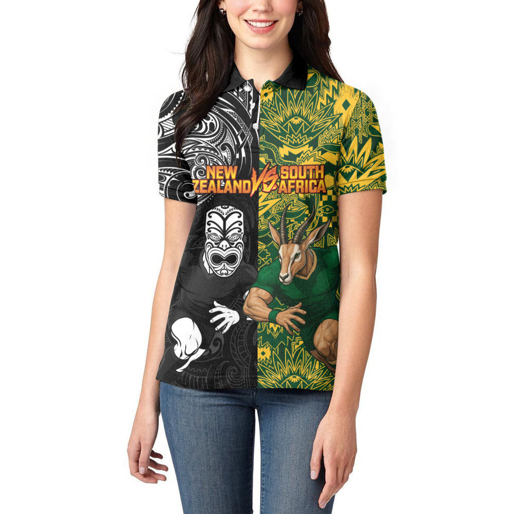 Custom New Zealand vs South Africa Women Polo Shirt Rugby Rivalry Two Nations One Battle