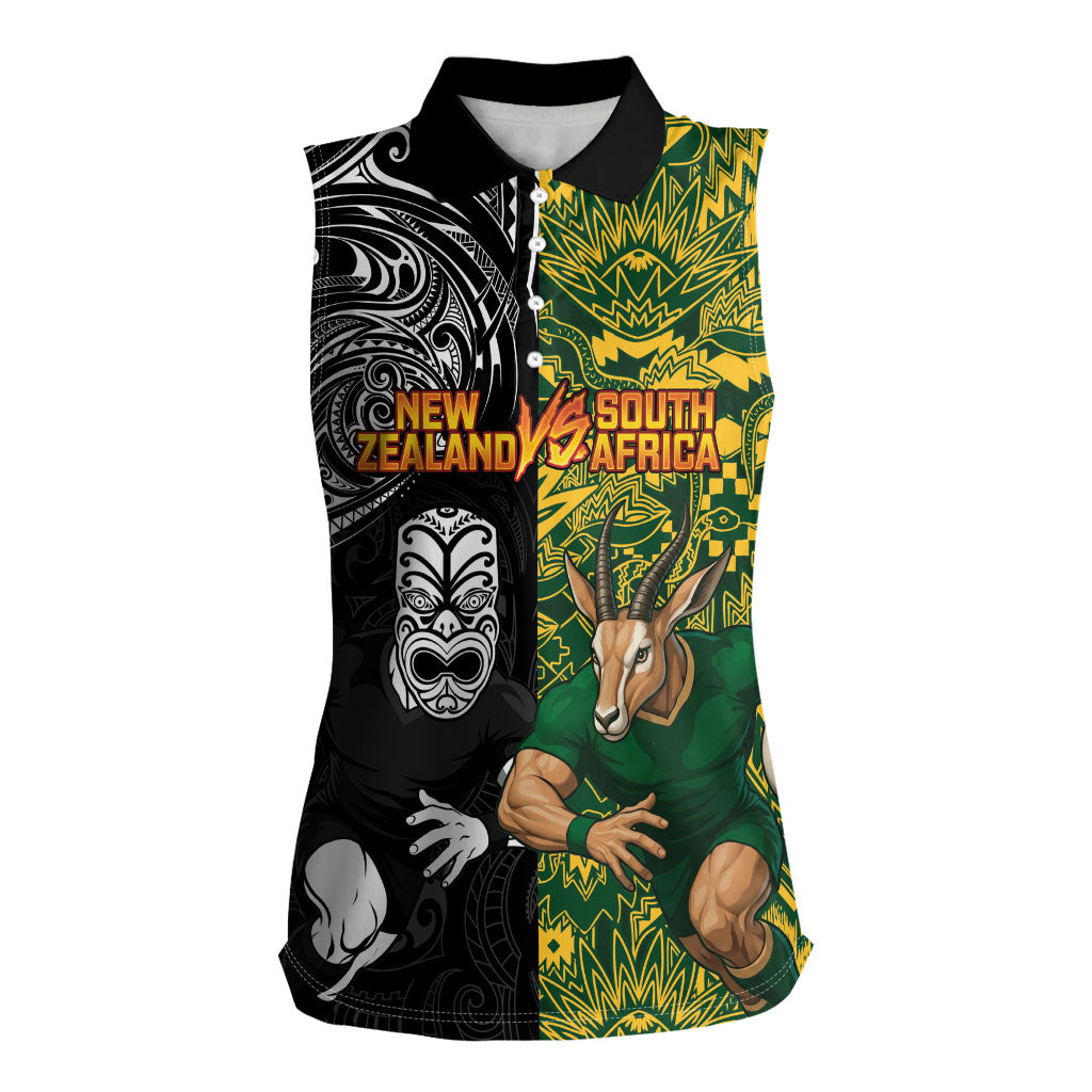 Custom New Zealand vs South Africa Women Sleeveless Polo Shirt Rugby Rivalry Two Nations One Battle