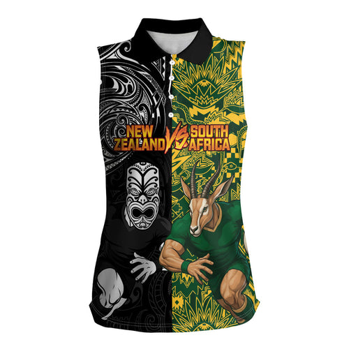 Custom New Zealand vs South Africa Women Sleeveless Polo Shirt Rugby Rivalry Two Nations One Battle