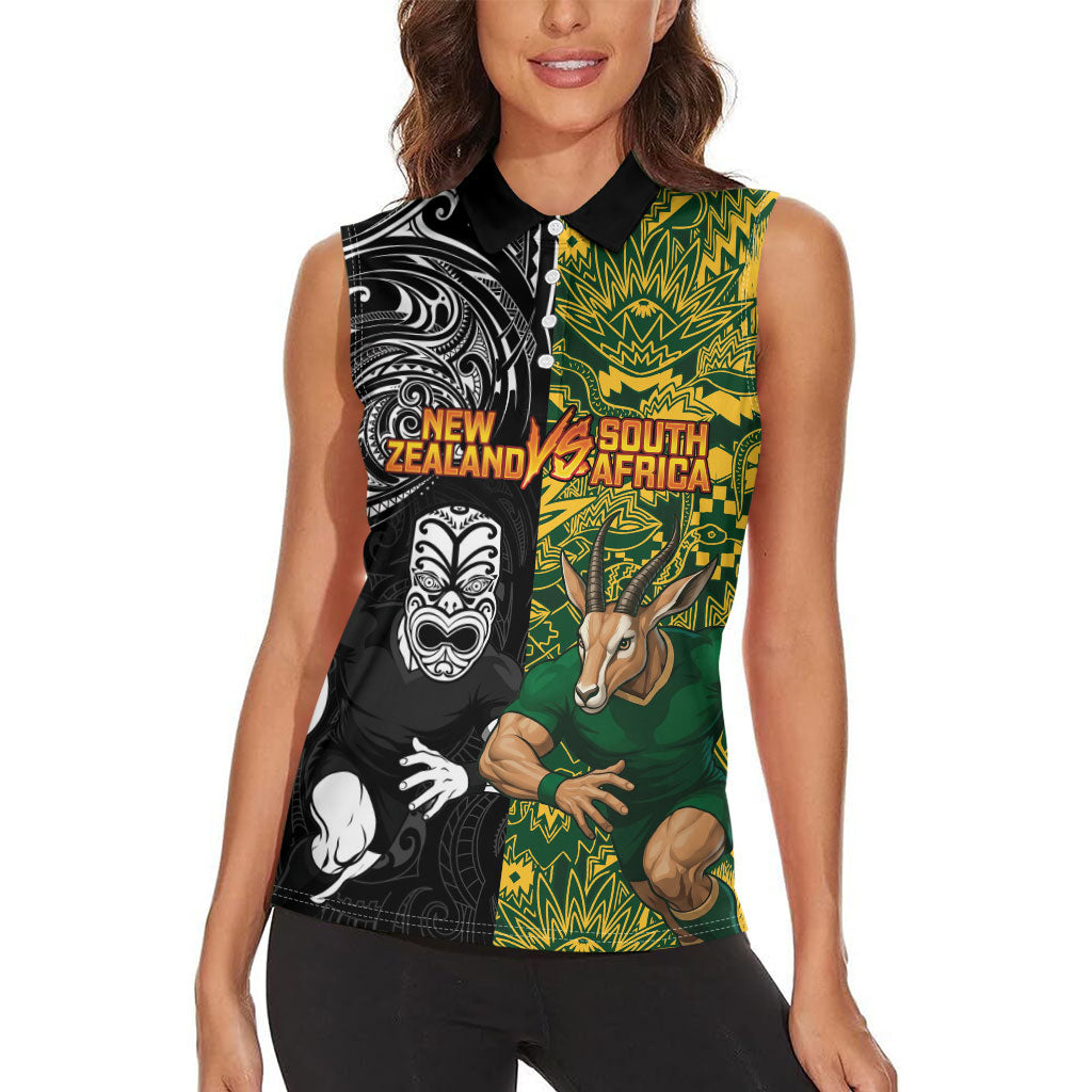 Custom New Zealand vs South Africa Women Sleeveless Polo Shirt Rugby Rivalry Two Nations One Battle
