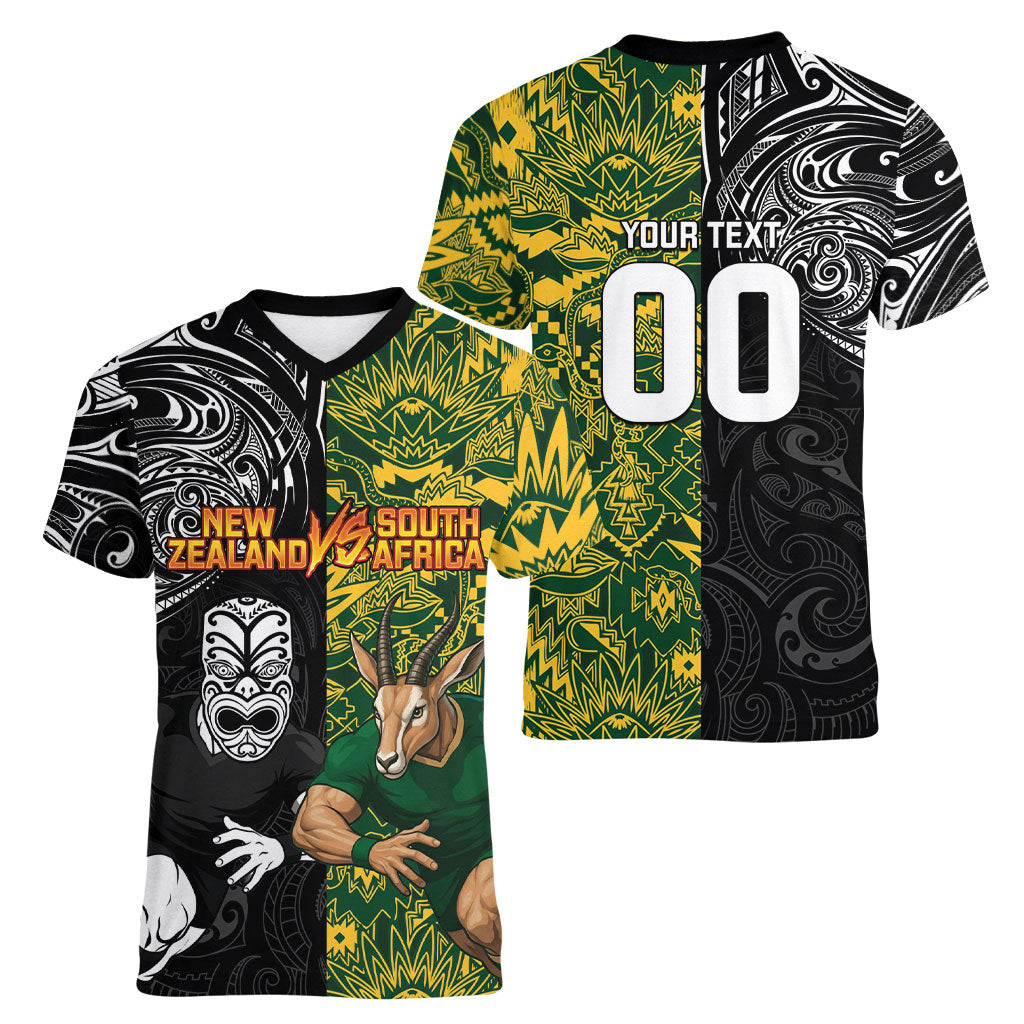 Custom New Zealand vs South Africa Women V-Neck T-Shirt Rugby Rivalry Two Nations One Battle