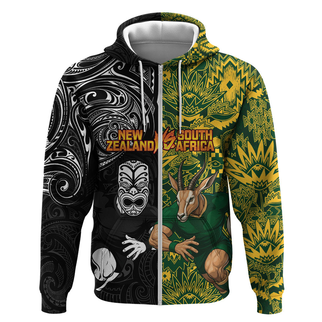 Custom New Zealand vs South Africa Zip Hoodie Rugby Rivalry Two Nations One Battle