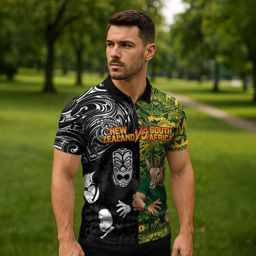 Custom New Zealand vs South Africa Zipper Polo Shirt Rugby Rivalry Two Nations One Battle
