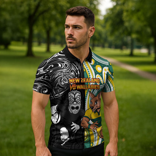 Custom Australia vs New Zealand Zipper Polo Shirt Rugby Rivalry Two Nations One Battle