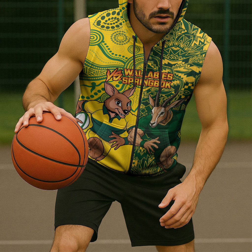 Custom Australia vs South Africa Sleeveless Zip Hoodie Wallabies vs Springboks Two Nations One Battle