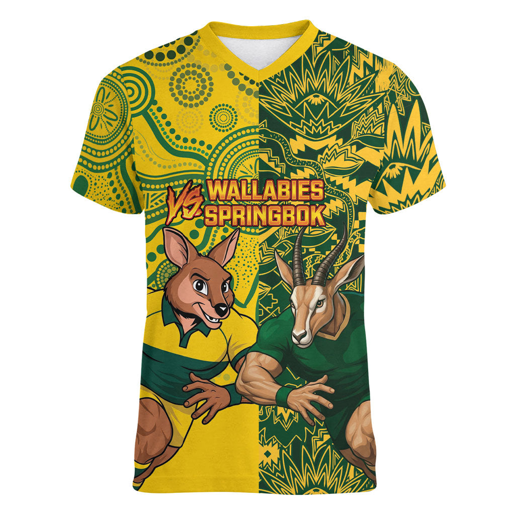 Custom Australia vs South Africa Women V-Neck T-Shirt Wallabies vs Springboks Two Nations One Battle