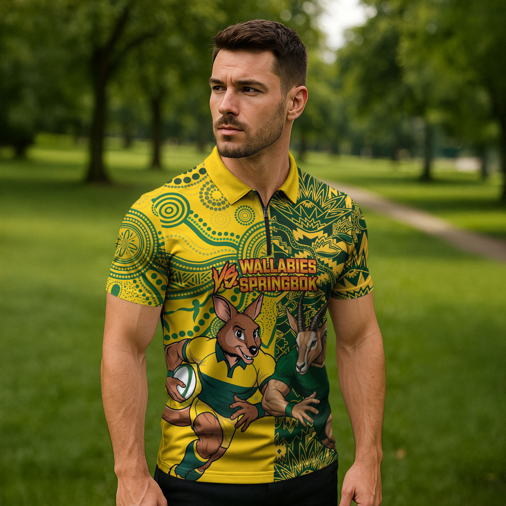 Custom Australia vs South Africa Zipper Polo Shirt Wallabies vs Springboks Two Nations One Battle
