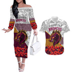 Broncos Rugby ANZAC Day 2024 Couples Matching Off The Shoulder Long Sleeve Dress and Hawaiian Shirt Camouflage Style