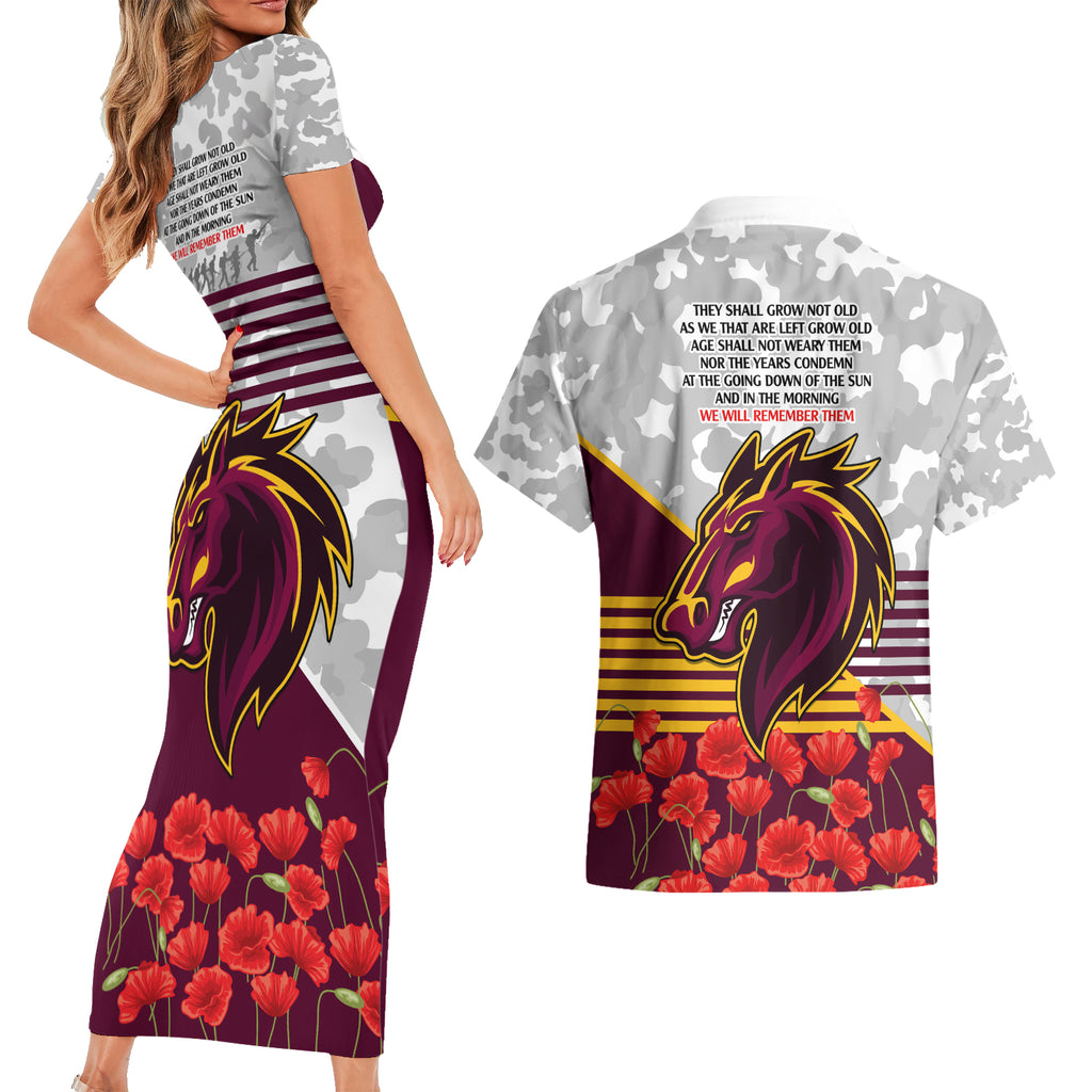 Broncos Rugby ANZAC Day 2024 Couples Matching Short Sleeve Bodycon Dress and Hawaiian Shirt Camouflage Style