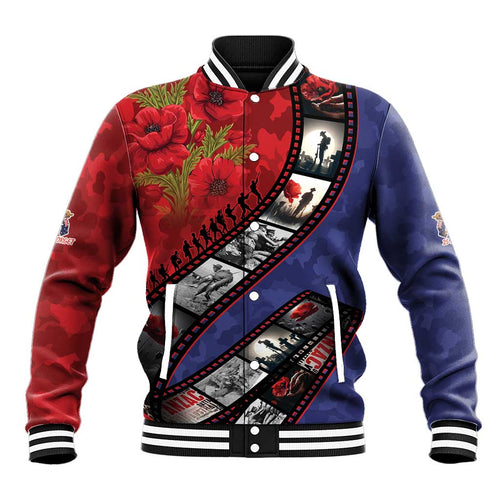 Personalised ANZAC Spirit 1915-2026 Filmstrip Tribute Baseball Jacket Lest We Forget 25 April