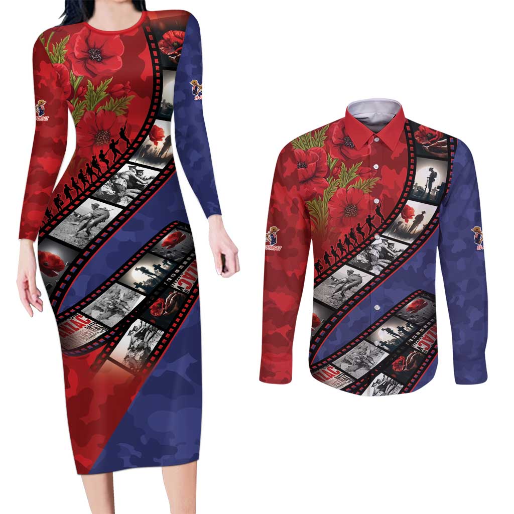 Personalised ANZAC Spirit 1915-2026 Filmstrip Tribute Couples Matching Long Sleeve Bodycon Dress and Long Sleeve Button Shirt Lest We Forget 25 April