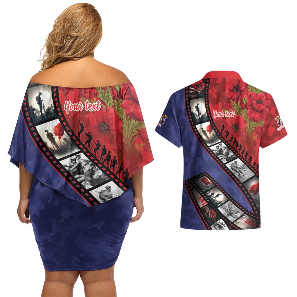 Personalised ANZAC Spirit 1915-2026 Filmstrip Tribute Couples Matching Off Shoulder Short Dress and Hawaiian Shirt Lest We Forget 25 April