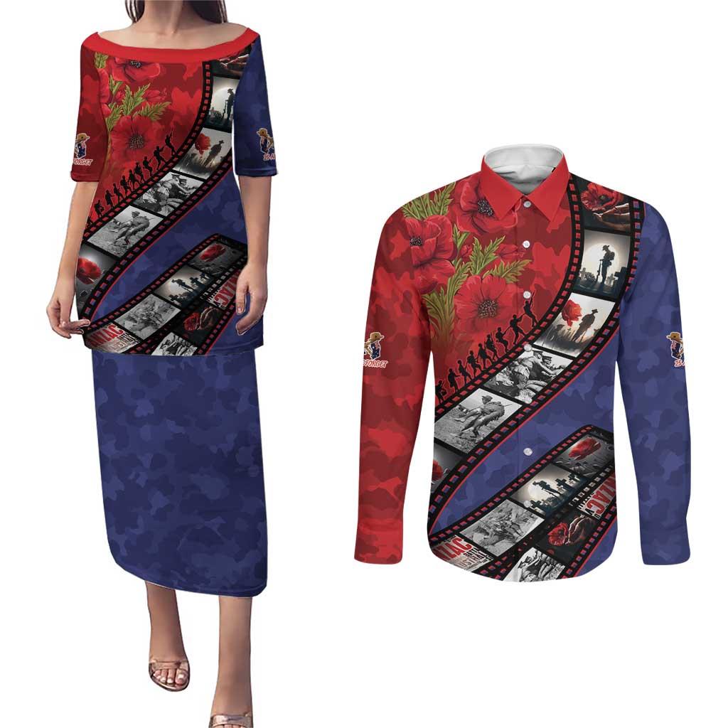 Personalised ANZAC Spirit 1915-2026 Filmstrip Tribute Couples Matching Puletasi and Long Sleeve Button Shirt Lest We Forget 25 April