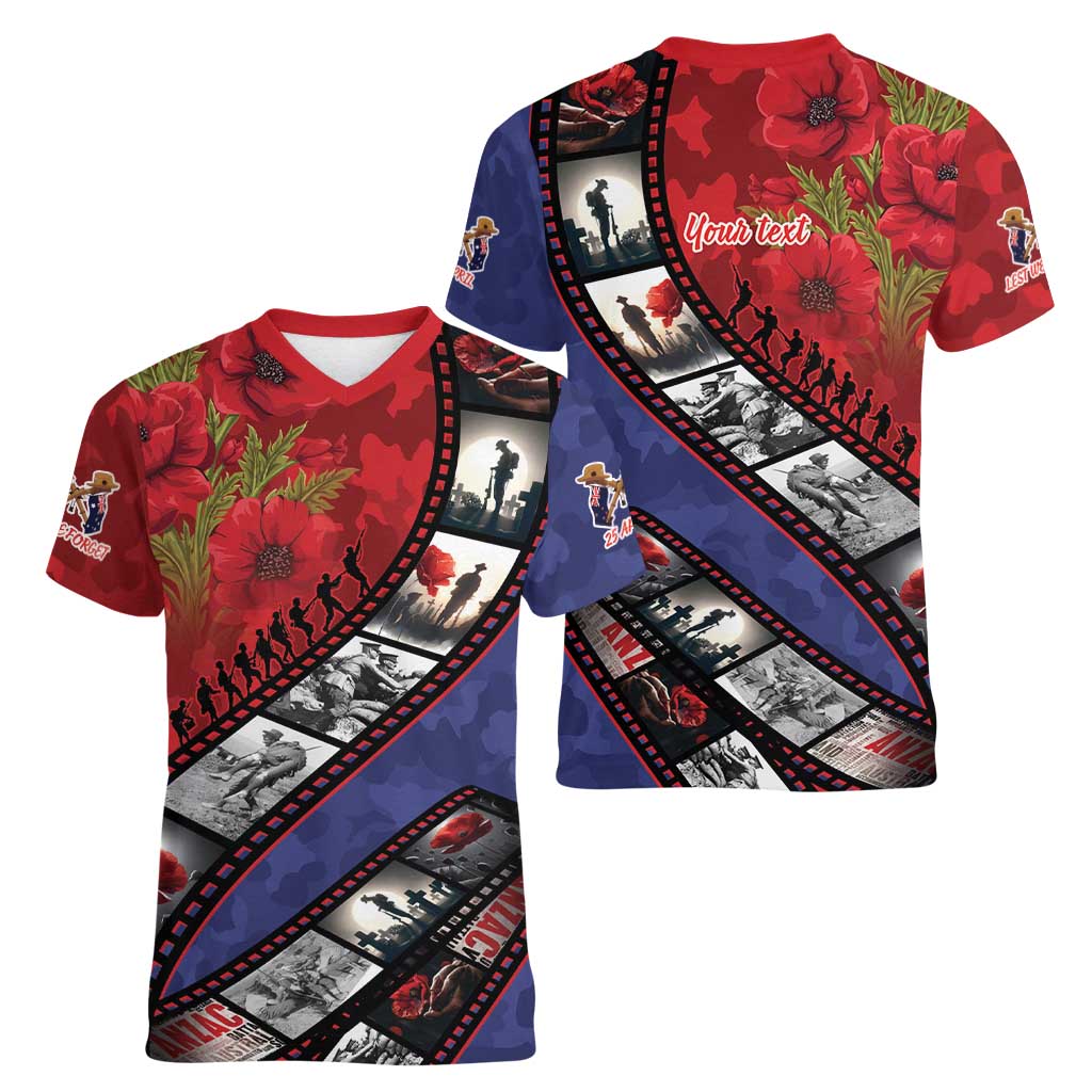 Personalised ANZAC Spirit 1915-2026 Filmstrip Tribute Women V-Neck T-Shirt Lest We Forget 25 April