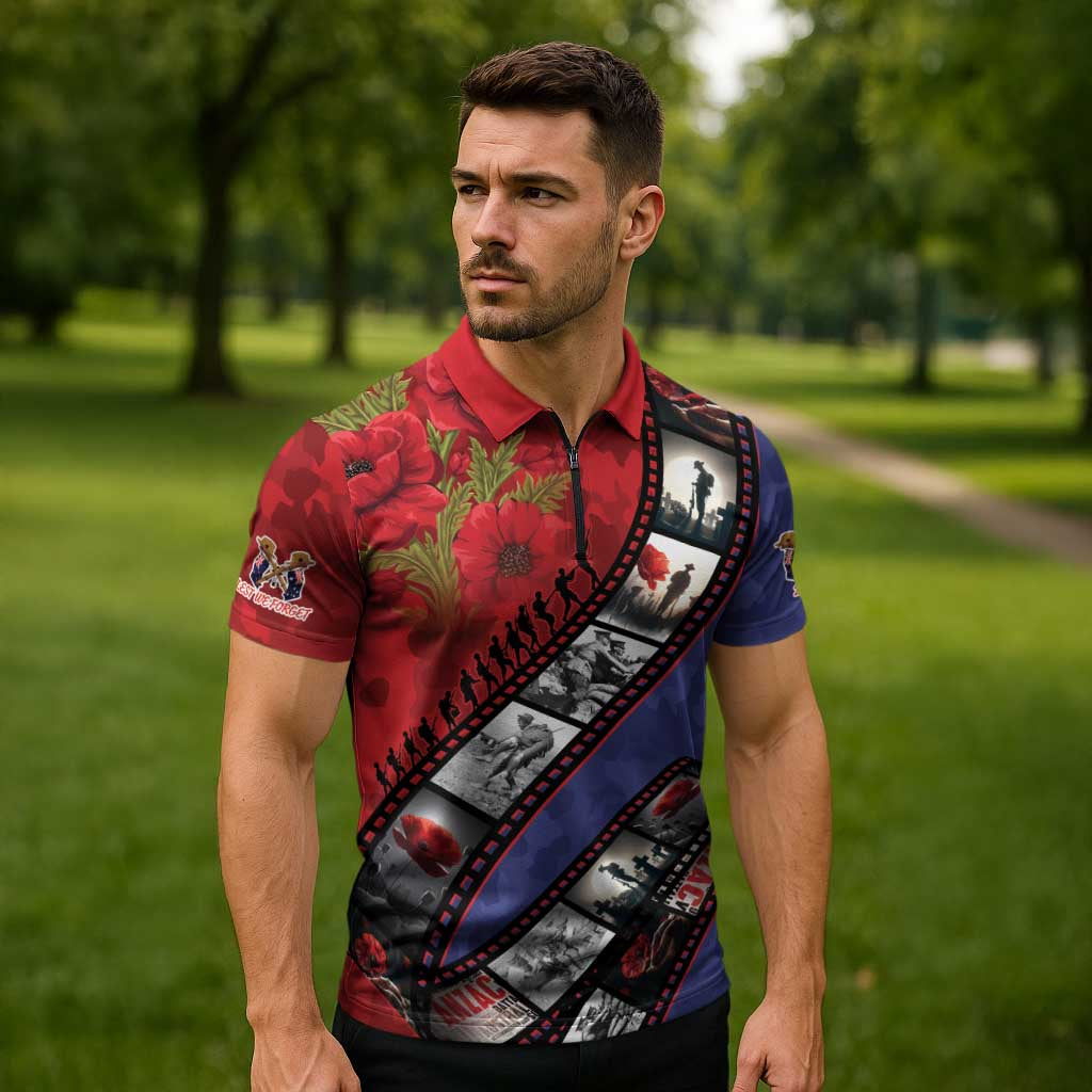 Personalised ANZAC Spirit 1915-2026 Filmstrip Tribute Zipper Polo Shirt Lest We Forget 25 April