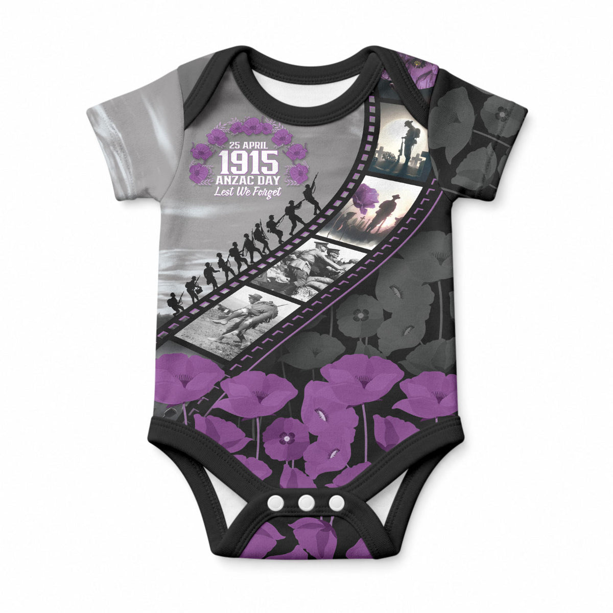 Personalised Remembering ANZAC Lest We Forget Baby Onesie Vintage Film Frame Memorial Purple Poppy