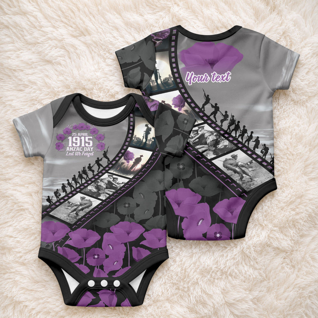 Personalised Remembering ANZAC Lest We Forget Baby Onesie Vintage Film Frame Memorial Purple Poppy