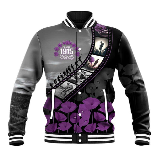 Personalised Remembering ANZAC Lest We Forget Baseball Jacket Vintage Film Frame Memorial Purple Poppy