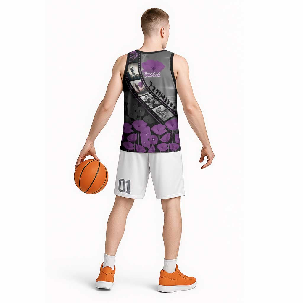 Personalised Remembering ANZAC Lest We Forget Basketball Jersey Vintage Film Frame Memorial Purple Poppy