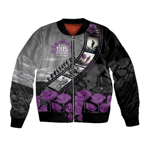 Personalised Remembering ANZAC Lest We Forget Bomber Jacket Vintage Film Frame Memorial Purple Poppy