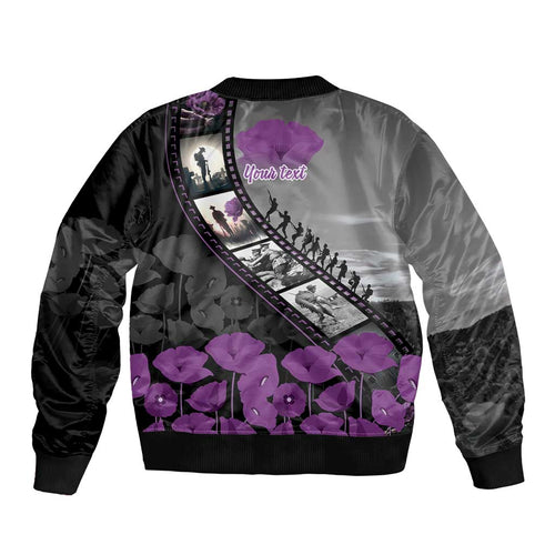 Personalised Remembering ANZAC Lest We Forget Bomber Jacket Vintage Film Frame Memorial Purple Poppy