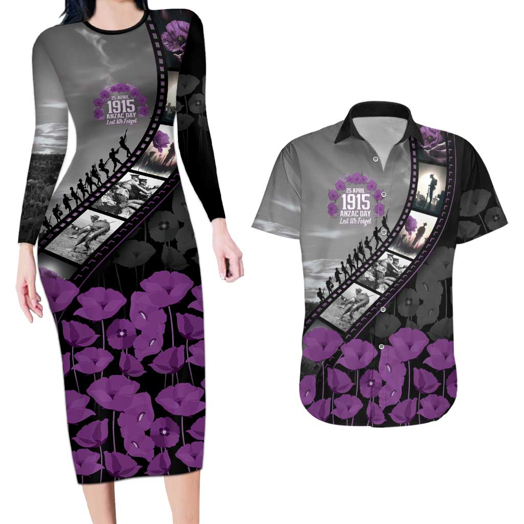 Personalised Remembering ANZAC Lest We Forget Couples Matching Long Sleeve Bodycon Dress and Hawaiian Shirt Vintage Film Frame Memorial Purple Poppy