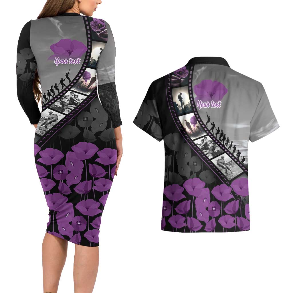 Personalised Remembering ANZAC Lest We Forget Couples Matching Long Sleeve Bodycon Dress and Hawaiian Shirt Vintage Film Frame Memorial Purple Poppy
