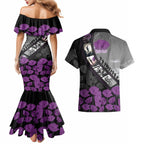 Personalised Remembering ANZAC Lest We Forget Couples Matching Mermaid Dress and Hawaiian Shirt Vintage Film Frame Memorial Purple Poppy