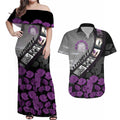 Personalised Remembering ANZAC Lest We Forget Couples Matching Off Shoulder Maxi Dress and Hawaiian Shirt Vintage Film Frame Memorial Purple Poppy