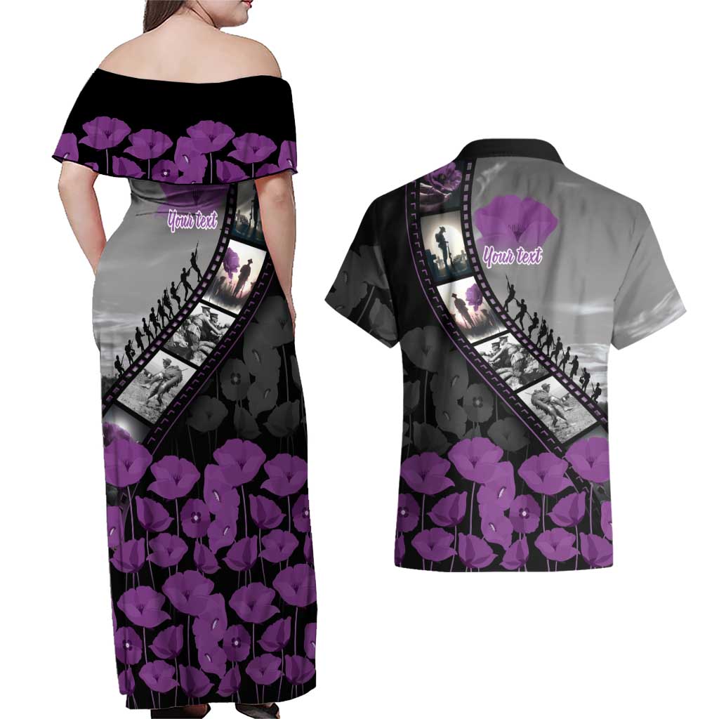 Personalised Remembering ANZAC Lest We Forget Couples Matching Off Shoulder Maxi Dress and Hawaiian Shirt Vintage Film Frame Memorial Purple Poppy