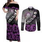 Personalised Remembering ANZAC Lest We Forget Couples Matching Off Shoulder Maxi Dress and Long Sleeve Button Shirt Vintage Film Frame Memorial Purple Poppy