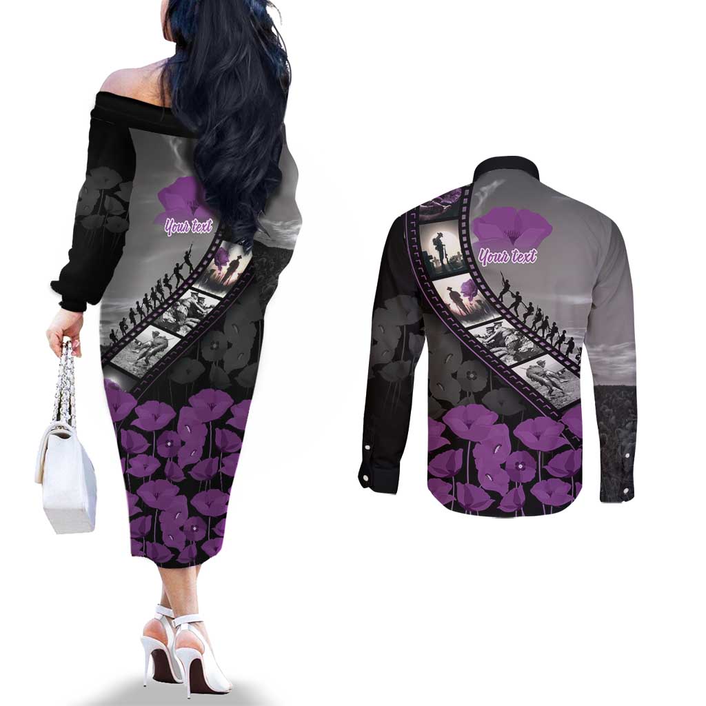 Personalised Remembering ANZAC Lest We Forget Couples Matching Off The Shoulder Long Sleeve Dress and Long Sleeve Button Shirt Vintage Film Frame Memorial Purple Poppy