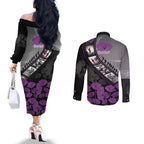 Personalised Remembering ANZAC Lest We Forget Couples Matching Off The Shoulder Long Sleeve Dress and Long Sleeve Button Shirt Vintage Film Frame Memorial Purple Poppy